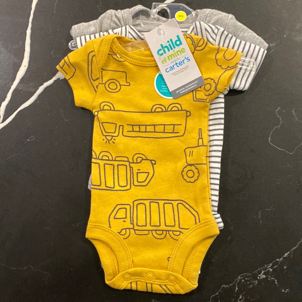 Child of Mine Carter’s Preemie Construction Baby Bodysuits 3 Pack New.